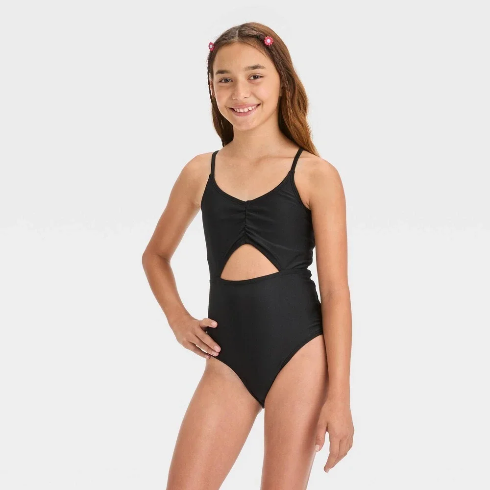 Girls Free Spirit Solid One Piece Swimsuit - Art Class Black Size Large 10/12